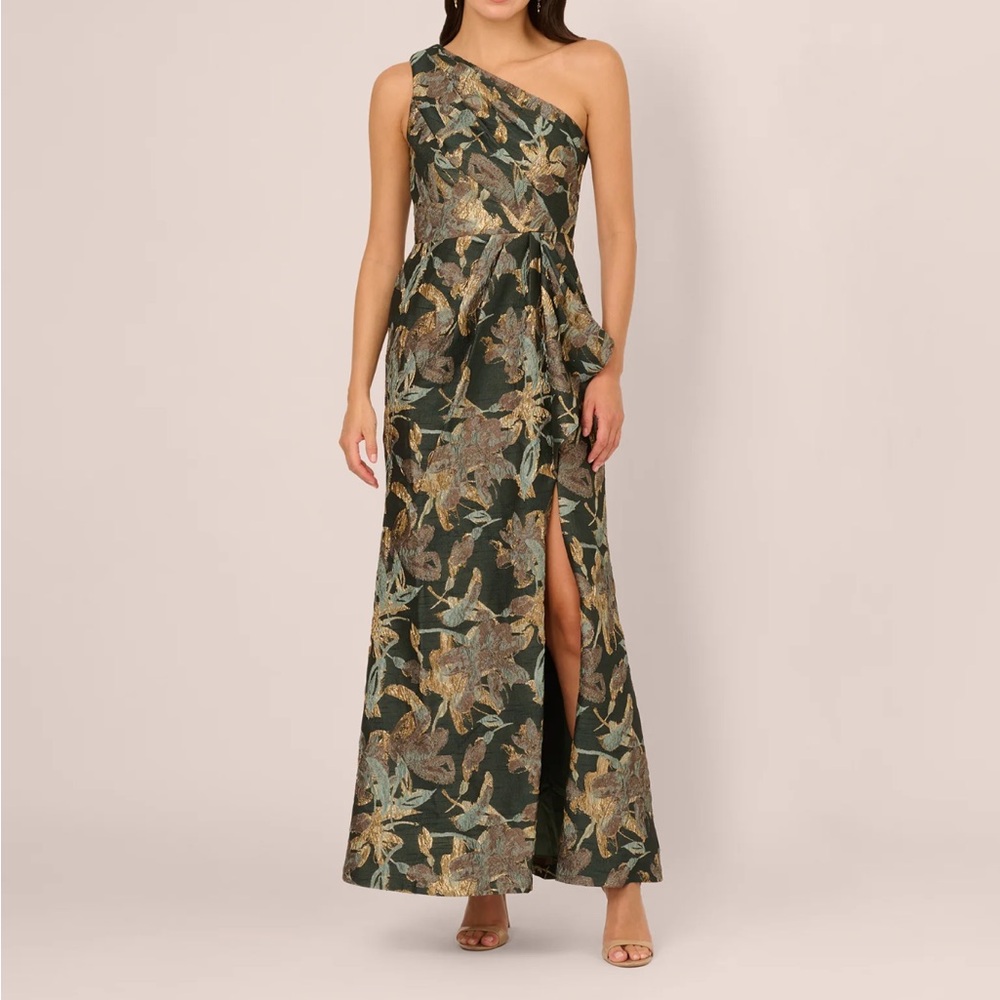 NWT - Adrianna Papell - One Shoulder Jacquard Dress - Green Gold - Size 6 - NWT